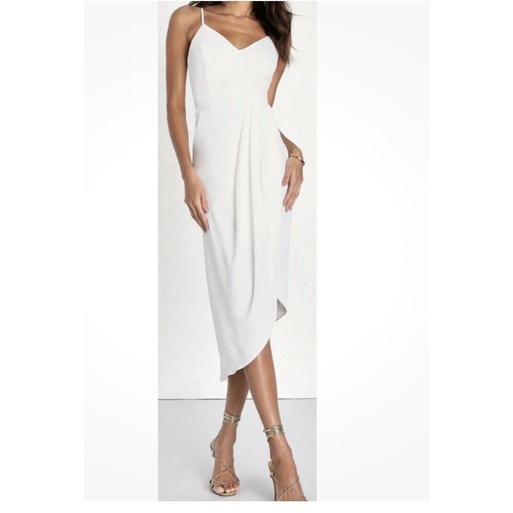 LULUS White Reinette Lightly Pleated Tulip Split V Neck Dress Size Medium